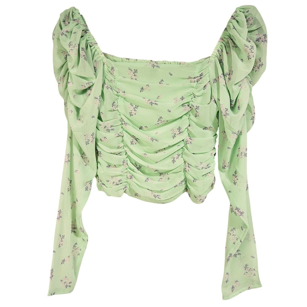 Green Floral Ruched Smocked Long Sleeve Crop Top Small Cottagecore Romantic Boho